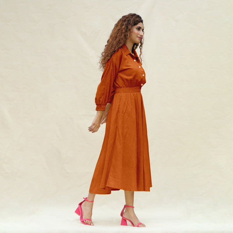 Orange Handspun Cotton Yoked Button-Down Maxi Dress