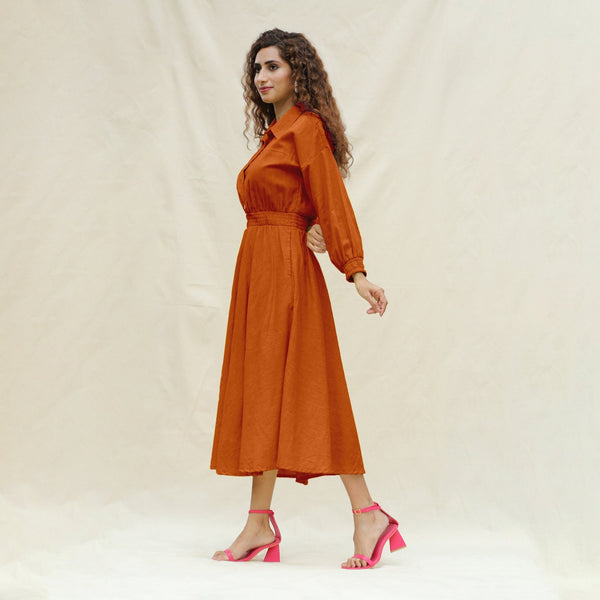 Orange Handspun Cotton Yoked Button-Down Maxi Dress