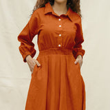 Orange Handspun Cotton Yoked Button-Down Maxi Dress