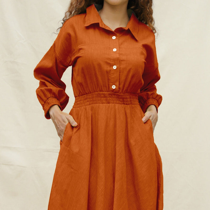 Orange Handspun Cotton Yoked Button-Down Maxi Dress
