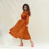 Orange Handspun Cotton Yoked Button-Down Maxi Dress