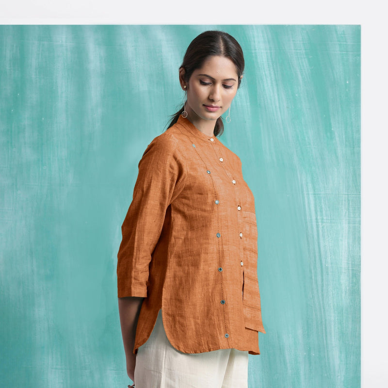 Orange Mirror Work Handspun Cotton Mandarin Collar Top