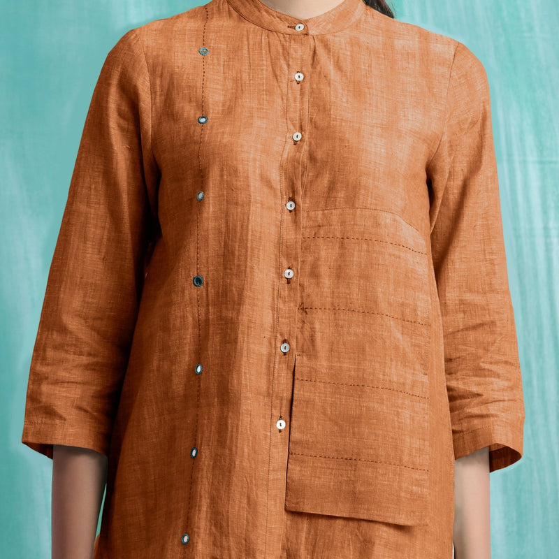 Orange Mirror Work Handspun Cotton Mandarin Collar Top