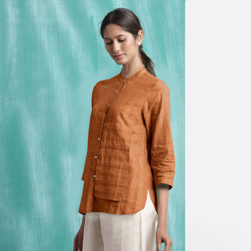 Orange Mirror Work Handspun Cotton Mandarin Collar Top