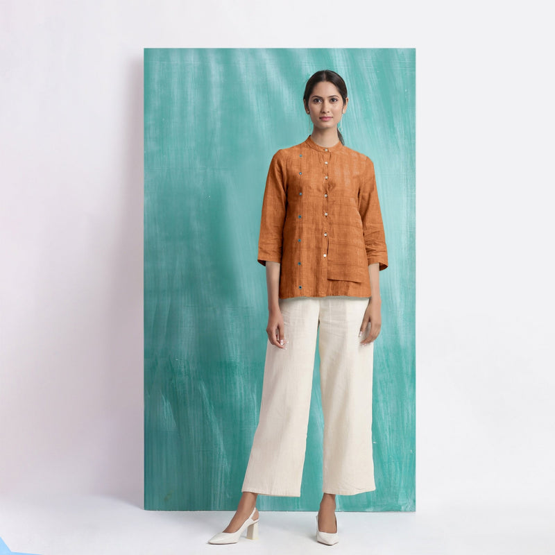 Orange Mirror Work Handspun Cotton Mandarin Collar Top