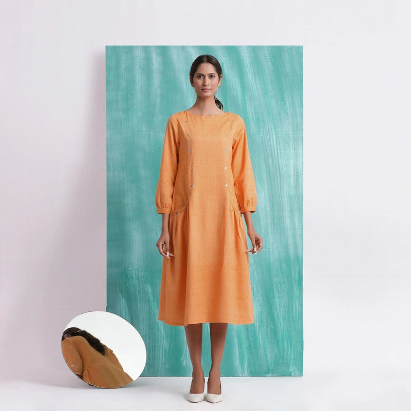 Orange Round Neck Cotton Mirror Work Midi Dress Orange Round Neck Cotton Mirror Work Midi Dress