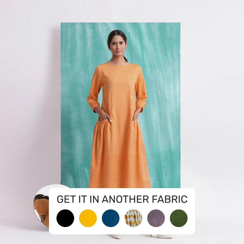 Orange Round Neck Cotton Mirror Work Midi Dress Orange Round Neck Cotton Mirror Work Midi Dress