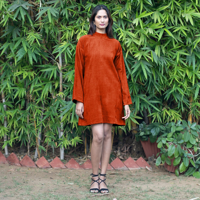 Buy Orange Warm Cotton Corduroy A-Line Short Dress Online at SeamsFriendly Buy Orange Warm Cotton Corduroy A-Line Short Dress Online at SeamsFriendly