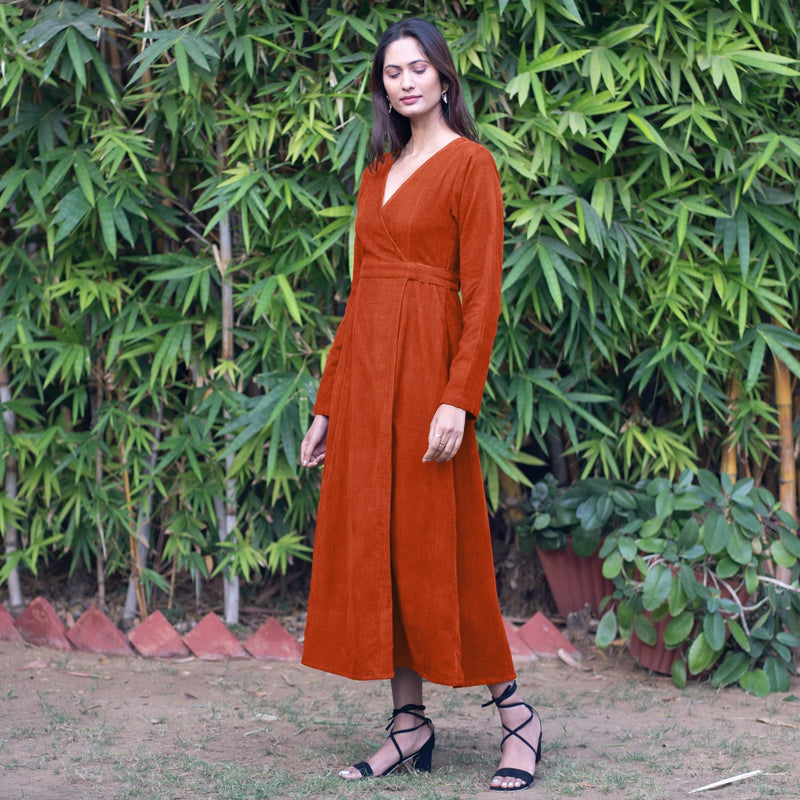Buy Orange Warm Cotton Corduroy Deep Neck Midi Wrap Dress Online at SeamsFriendly Buy Orange Warm Cotton Corduroy Deep Neck Midi Wrap Dress Online at SeamsFriendly