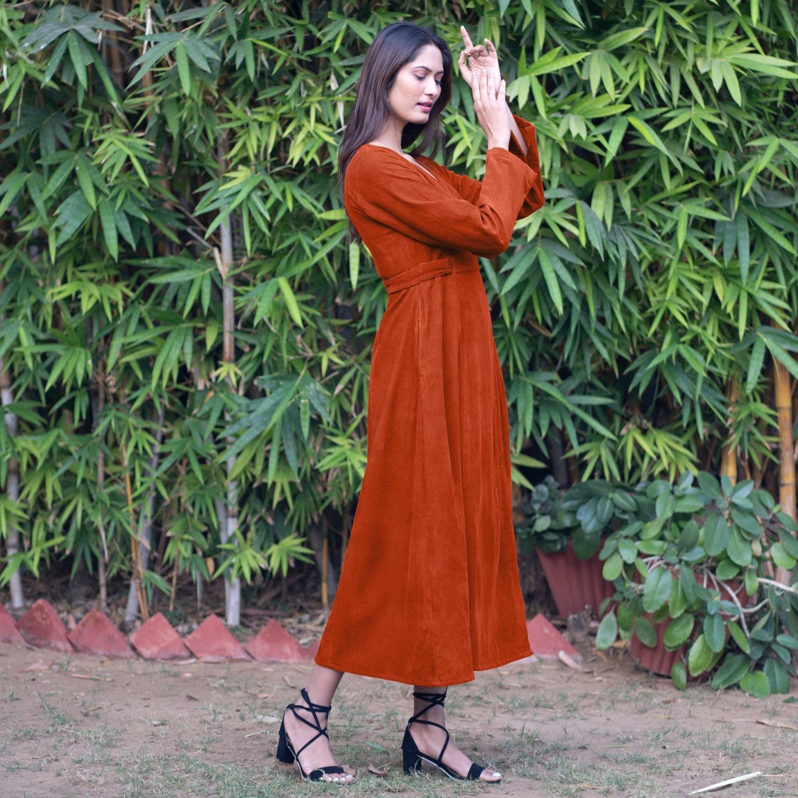 Orange Warm Cotton Corduroy Deep Neck Midi Wrap Dress 52