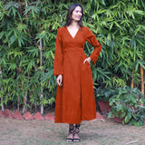 Orange Warm Cotton Corduroy Deep Neck Midi Wrap Dress