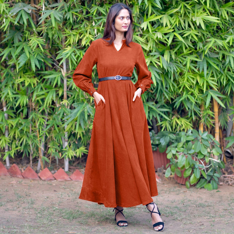 Orange Warm Cotton Corduroy Fit and Flare Maxi Dress 62