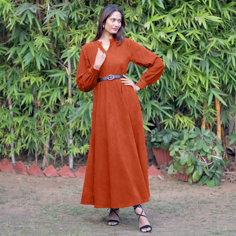 Orange Warm Cotton Corduroy Fit and Flare Maxi Dress