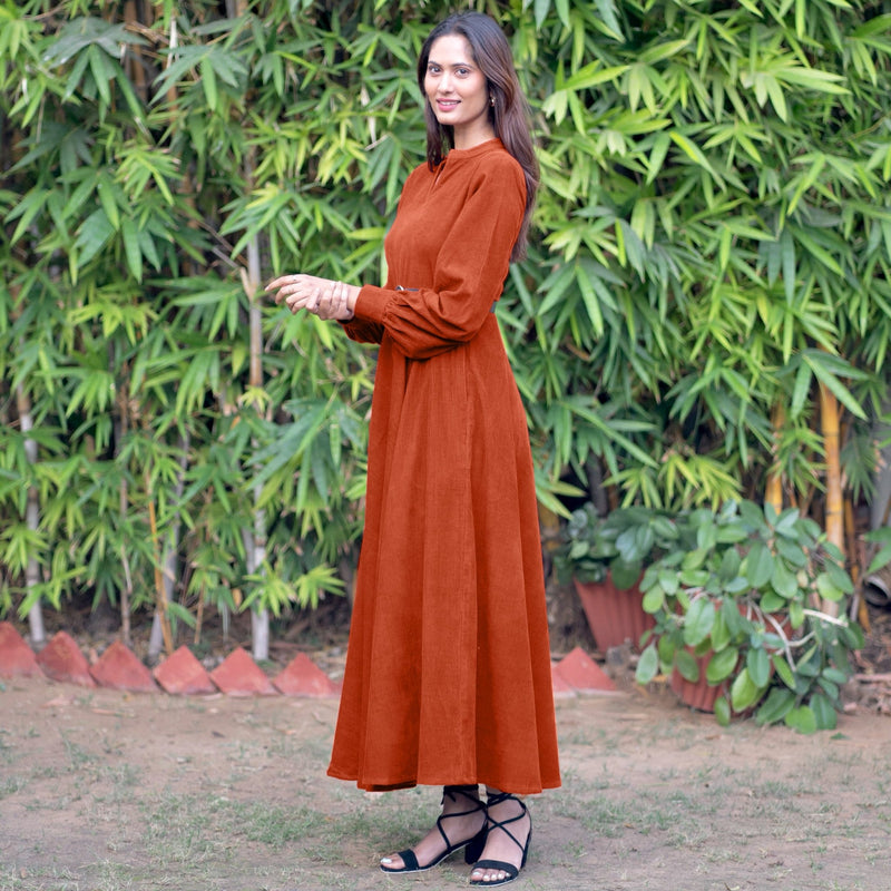 Orange Warm Cotton Corduroy Fit and Flare Maxi Dress 44" / Custom Height (Free) Orange Warm Cotton Corduroy Fit and Flare Maxi Dress 44" / Custom Height (Free)