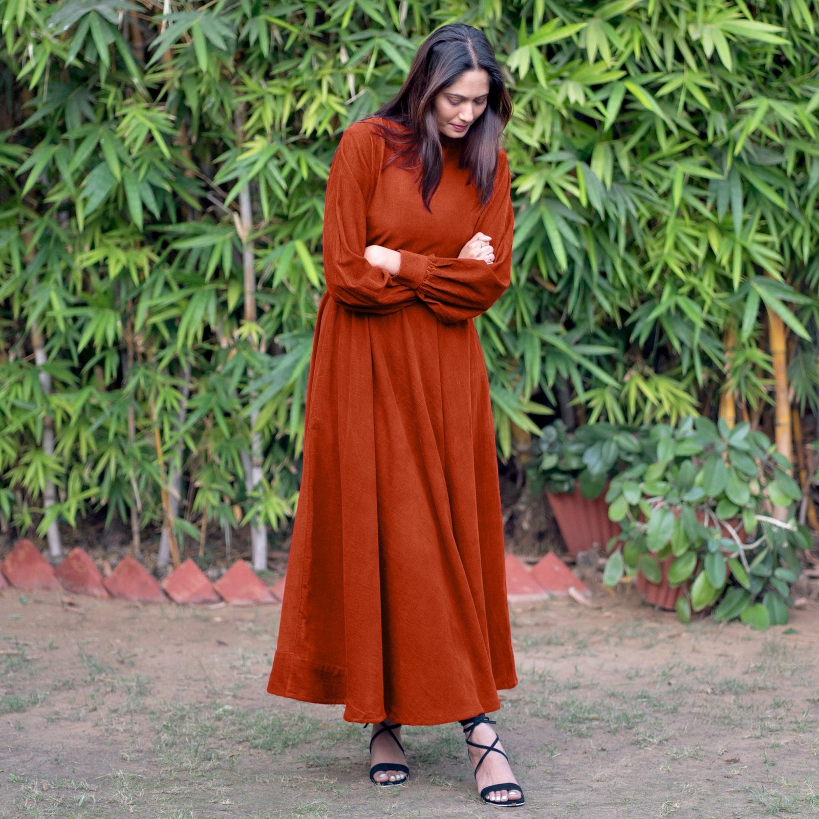 Orange Warm Cotton Corduroy Fit and Flare Maxi Dress 62