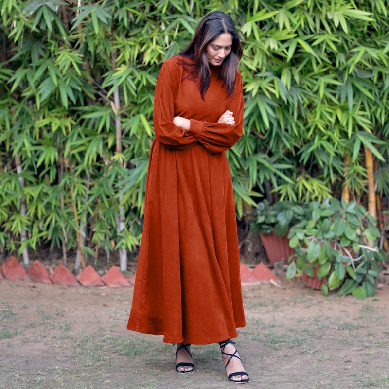 Orange Warm Cotton Corduroy Fit and Flare Maxi Dress 62 Orange Warm Cotton Corduroy Fit and Flare Maxi Dress 62