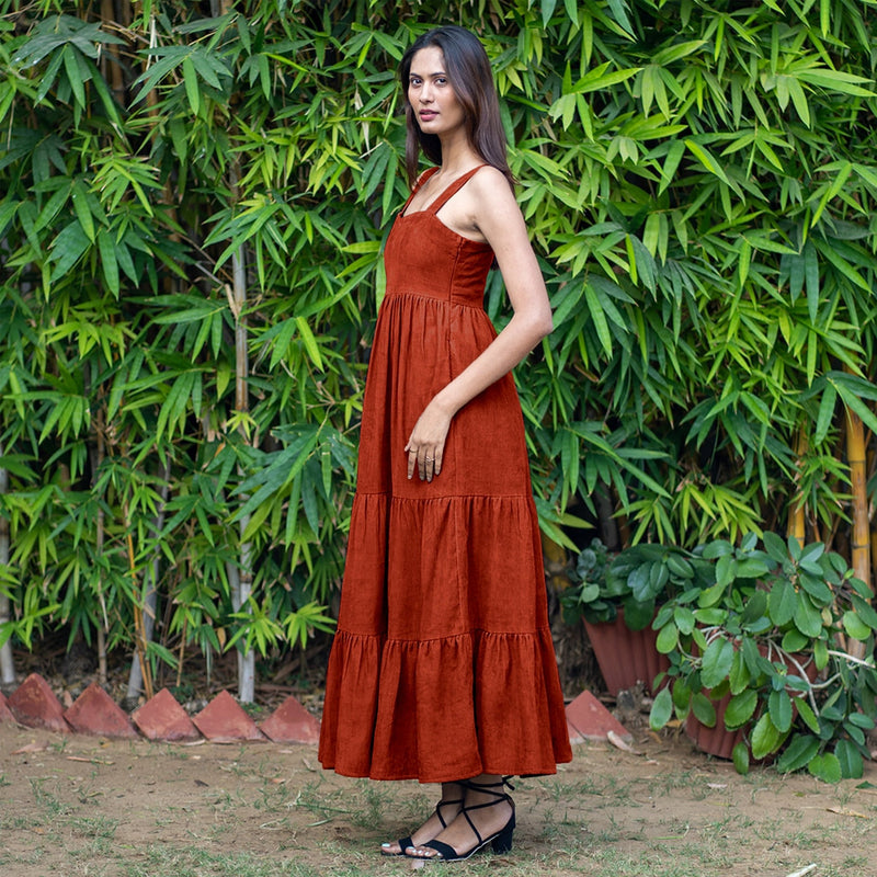 Orange Warm Cotton Corduroy Gathered Maxi Tier Dress