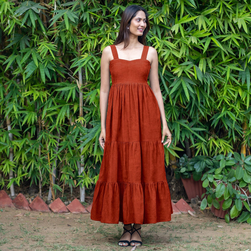 Orange Warm Cotton Corduroy Gathered Maxi Tier Dress