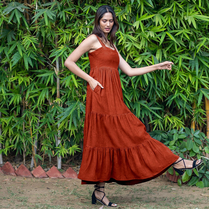 Orange Warm Cotton Corduroy Gathered Maxi Tier Dress