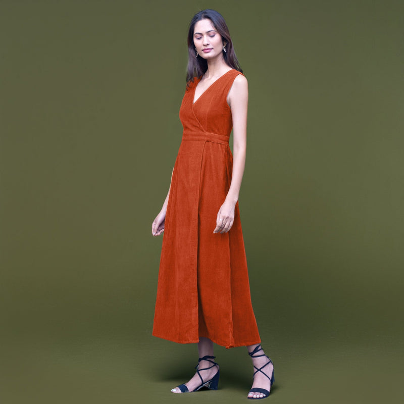 Orange Warm Cotton Corduroy Sleeveless Midi Wrap Dress