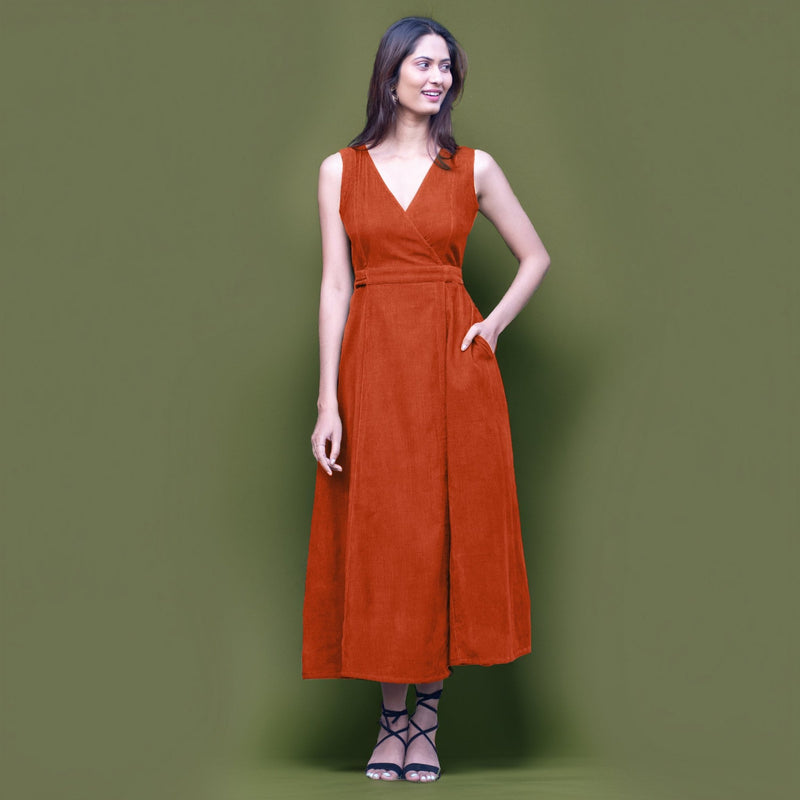 Orange Warm Cotton Corduroy Sleeveless Midi Wrap Dress 70" / Regular (5'2" - 5'6") Orange Warm Cotton Corduroy Sleeveless Midi Wrap Dress 70" / Regular (5'2" - 5'6")