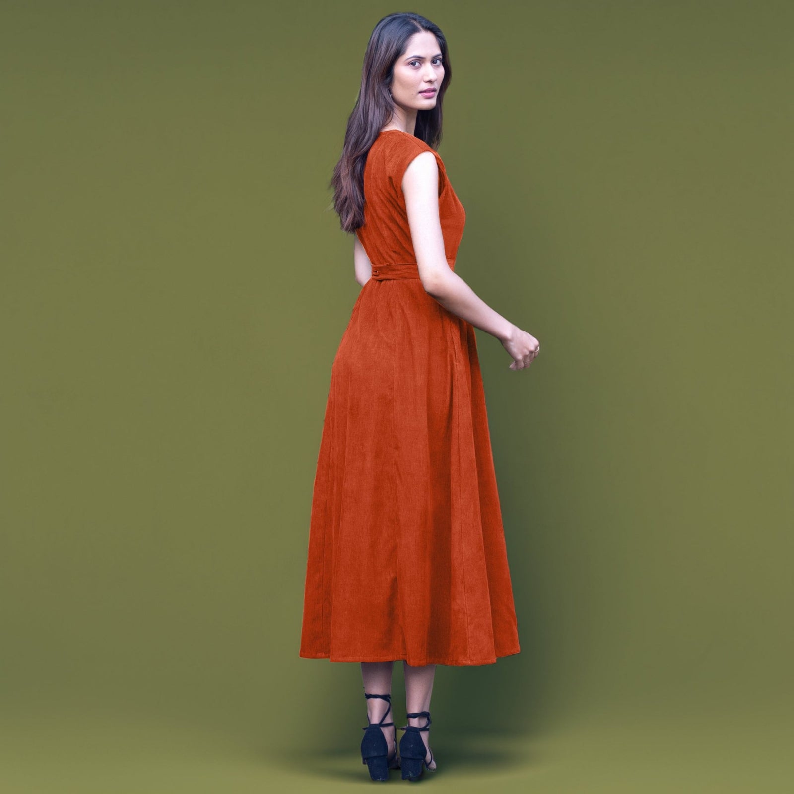 orange corduroy dress vintage Warm Cotton Sleeveless Midi Wrap 70