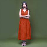 Orange Warm Cotton Corduroy Sleeveless Midi Wrap Dress