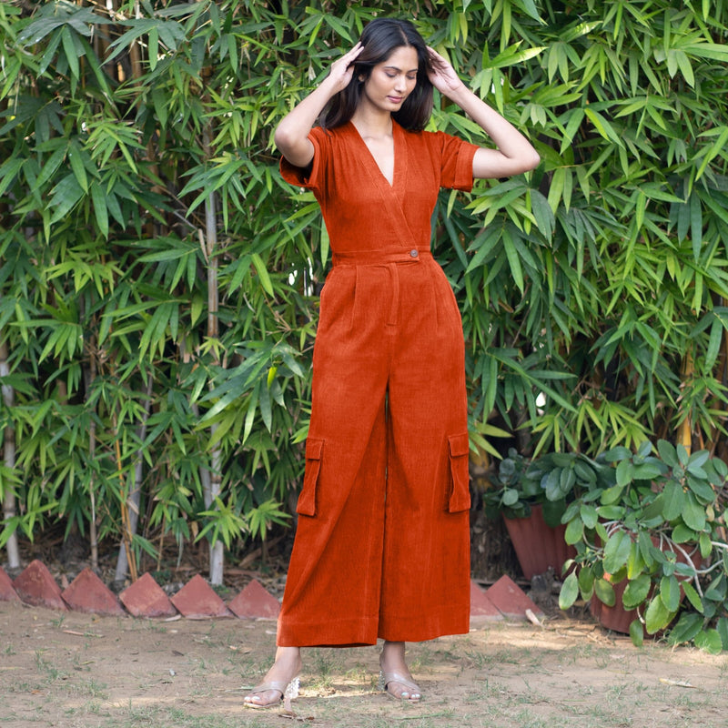 Orange Warm Cotton Corduroy Wide Legged Wrap Cargo Jumpsuit