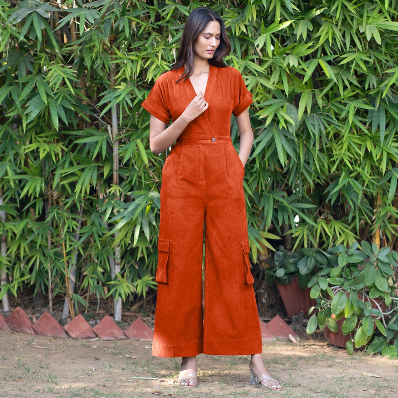 Orange Warm Cotton Corduroy Wide Legged Wrap Cargo Jumpsuit