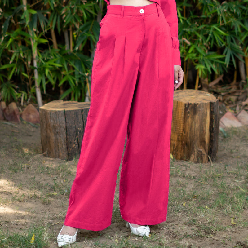 Pink Cotton Poplin High-Rise Elasticated Pleated Wide Legged Pant