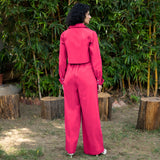 Pink Cotton Poplin High-Rise Elasticated Pleated Wide Legged Pant