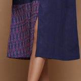 Close View of a Model wearing Paneled Ikat Blue Handspun Slit Dress