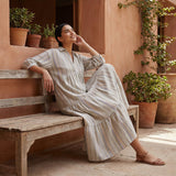 Pastel Stripes Handspun Cotton Deep-V Maxi Tier Dress