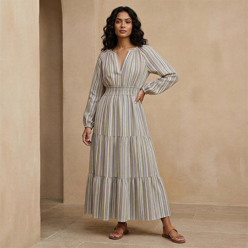 fit and flare pastel dress Pastel Stripes Handspun Cotton Fit and Flare Maxi Tier Dress 50
