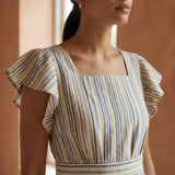 Pastel Stripes Handspun Cotton Open-Back Fit and Flare Knee Length Dress