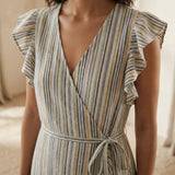 Pastel Stripes Handspun Cotton Ruffle Midi Wrap Dress