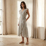Pastel Stripes Handspun Cotton Ruffle Midi Wrap Dress
