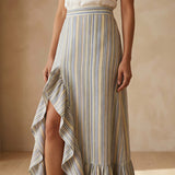 Pastel Stripes Handspun Cotton Ruffle-Slit A-Line Maxi Skirt