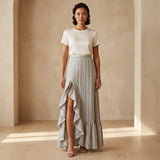 Pastel Stripes Handspun Cotton Ruffle-Slit A-Line Maxi Skirt