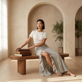 Pastel Stripes Handspun Cotton Ruffle-Slit A-Line Maxi Skirt