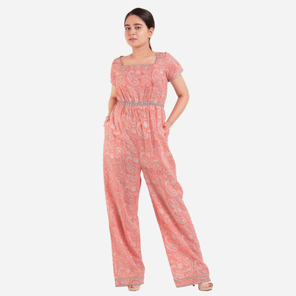 Front View of a Model wearing Peach Block Print Floor Length Cotton Jumpsuit