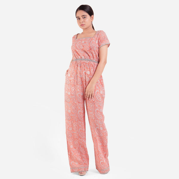 Front View of a Model wearing Peach Block Print Floor Length Cotton Jumpsuit