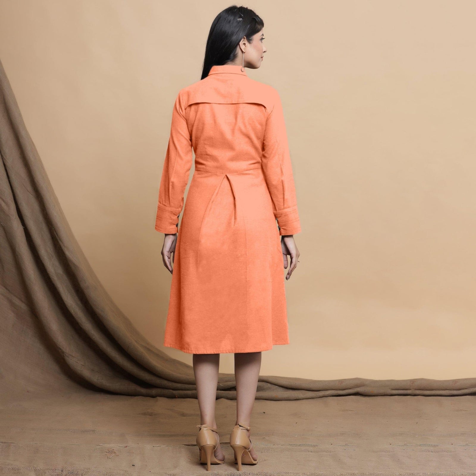 Peach Button Down Cotton Flax Knee Length Formal Dress 66" / Regular (5'2" - 5'6") Peach Button Down Cotton Flax Knee Length Formal Dress 66" / Regular (5'2" - 5'6")
