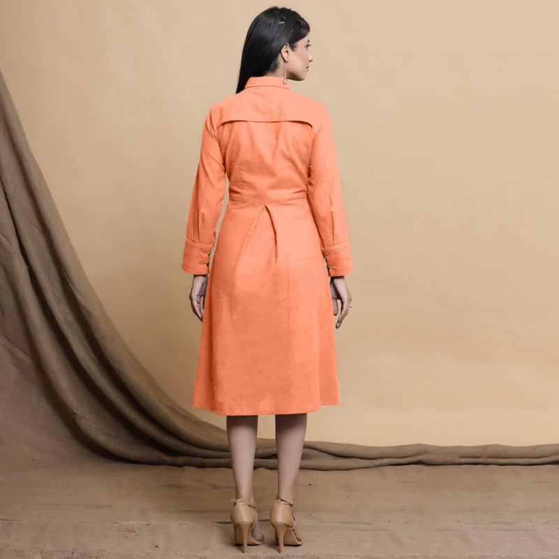 Back View of a Model wearing Peach Button Down Cotton Flax Knee Length Formal Dress