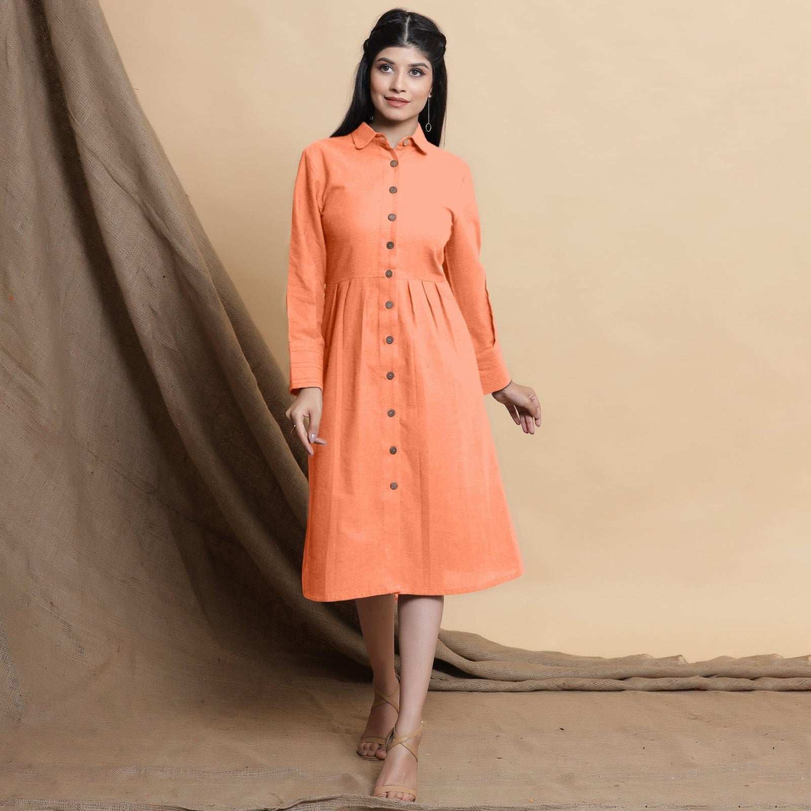 Buy Peach Button Down Cotton Flax Knee Length Formal Dress Online at SeamsFriendly Buy Peach Button Down Cotton Flax Knee Length Formal Dress Online at SeamsFriendly