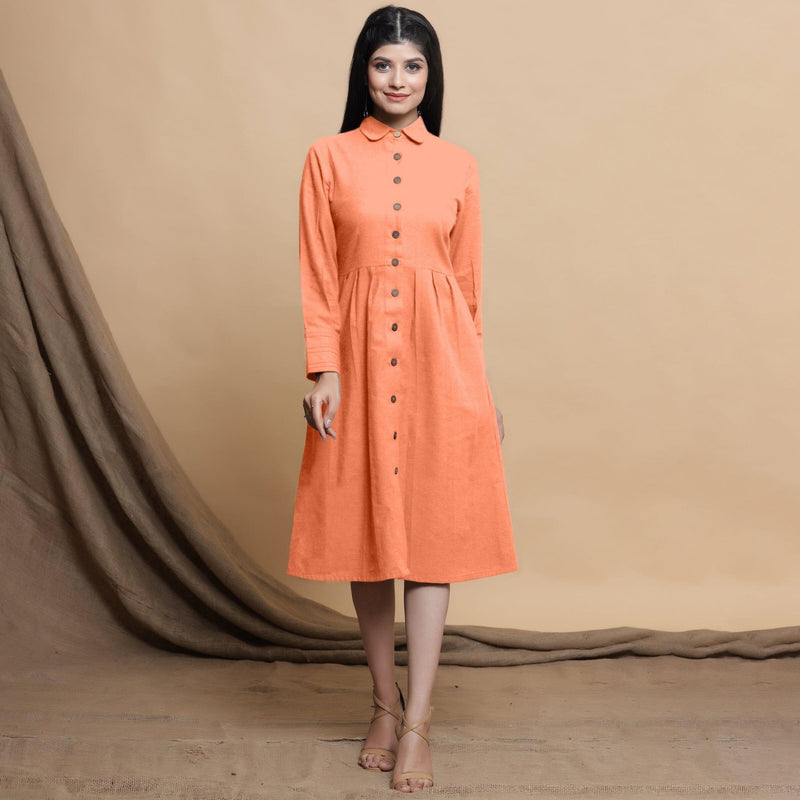 Buy Peach Button Down Cotton Flax Knee Length Formal Dress Online at SeamsFriendly Buy Peach Button Down Cotton Flax Knee Length Formal Dress Online at SeamsFriendly