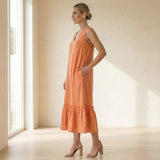 Peach Cotton Flax A-Line V-Neck Sleeveless Maxi Tier Dress