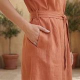 Peach Cotton Flax A-Line Short Dress with Belt