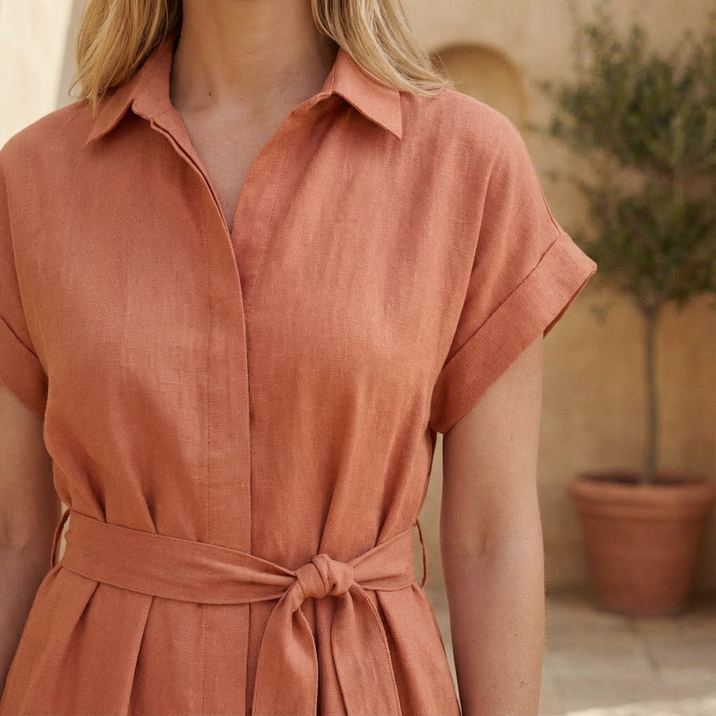 Peach Cotton Flax A-Line Short Dress with Belt 66" / Custom Height (Free) Peach Cotton Flax A-Line Short Dress with Belt 66" / Custom Height (Free)