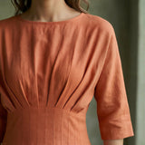 Peach Cotton Flax Cinched Waist Flared Maxi Dress